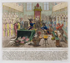 Folgen einer erfolgreichen französischen Invasion, oder Wir kommen, um Ihre lange verlorenen Freiheiten wiederherzustellen, 1798 (handkolorierte Radierung)